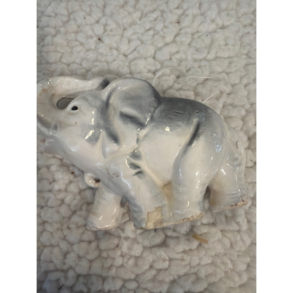 Vintage Ceramic Elephant Figurine Trunk Up Good Luck White Grey Glossy 2.75in